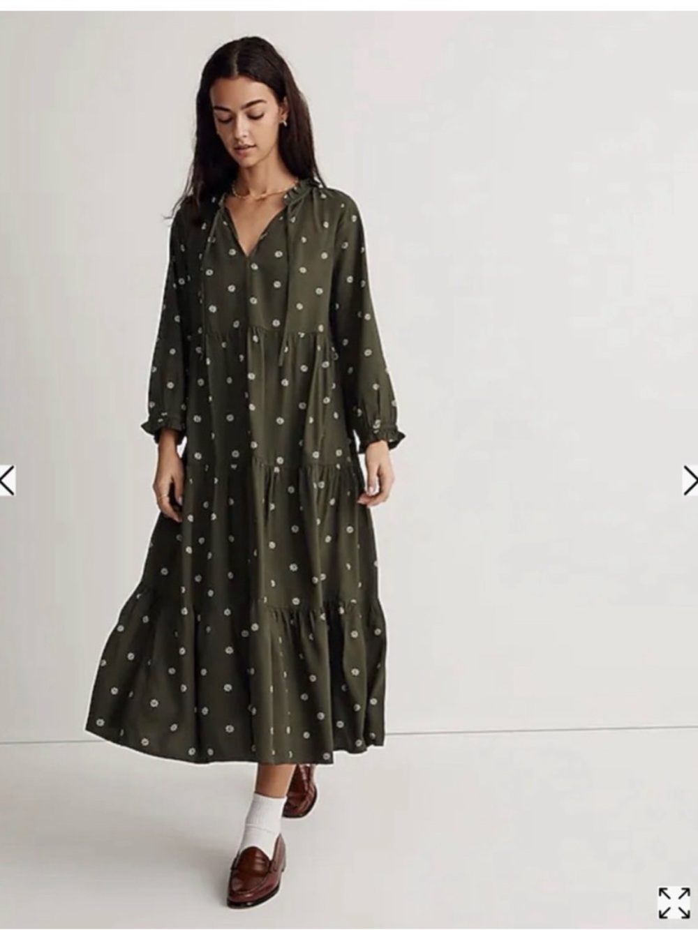 Madewell tie-neck Olive Green Tiered Midi Dress White Floral dots women’s XS